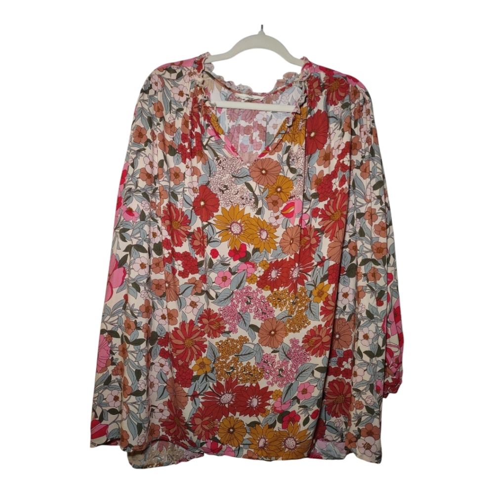 Entro Floral Botanical Boho Peasant Ruffle Blouse Women's XL